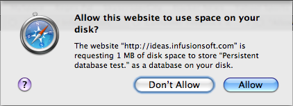 Allow this website to use space on your disk? Alert box.