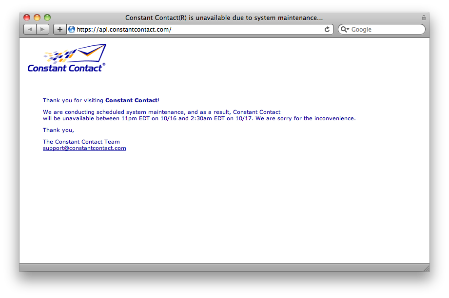 Constant Contact API downtime error page